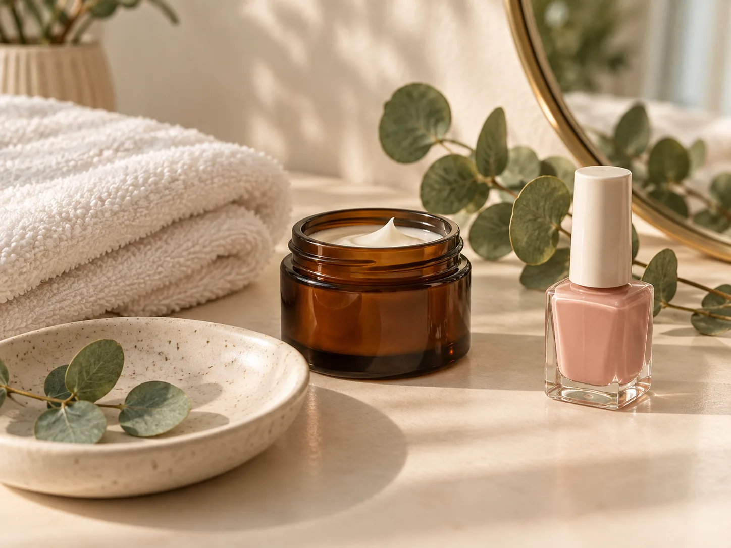 Beauty-Routine mit Handtuch, Creme und Nagellack