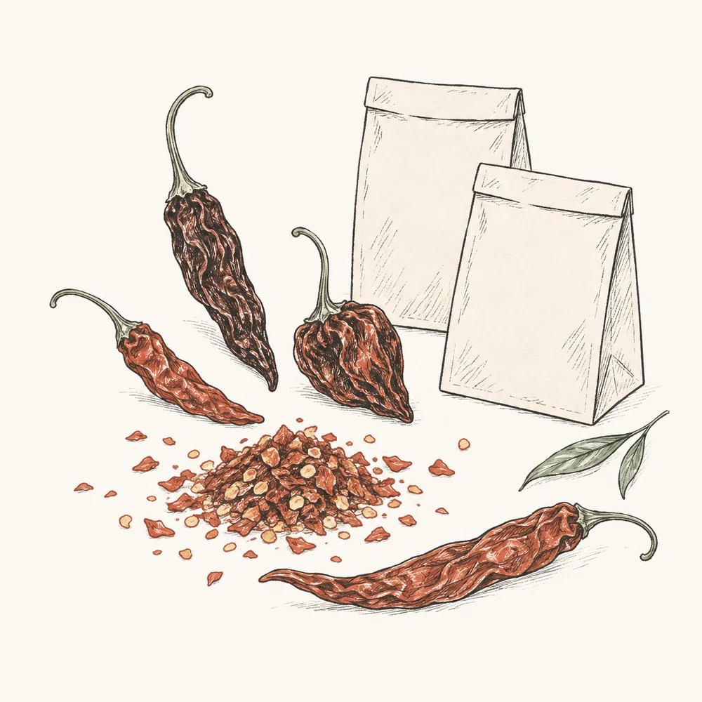 KI-Symbolillustration mit getrockneten Chilis und Gewürzen