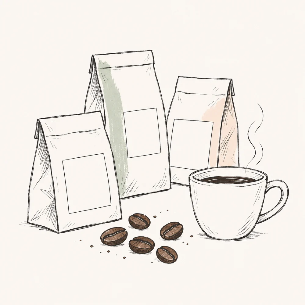 KI-Symbolillustration mit Kaffeebohnen, Probiertüten und einer Tasse