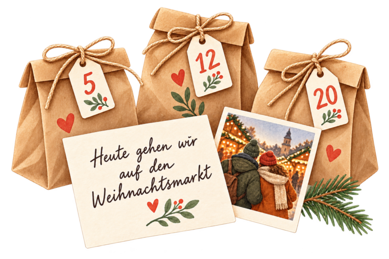 Illustrierte Adventskalender-Tütchen mit persönlichen Karten, einem Erinnerungsfoto und einer Einladung zum Weihnachtsmarkt.